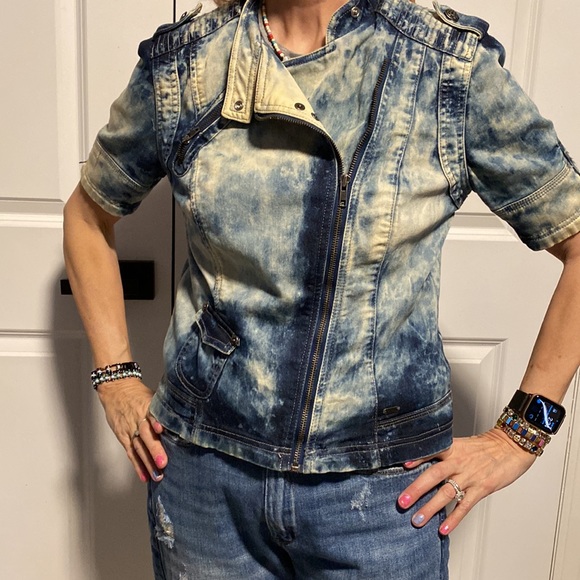 Fantastic retro acid wash or tie dye look guess short sleeve jean jacket size L - Picture 12 of 16